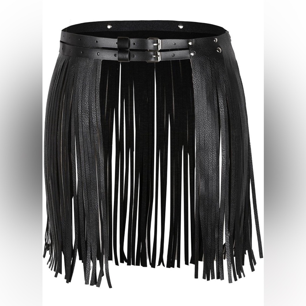 Faux leather fringe belt